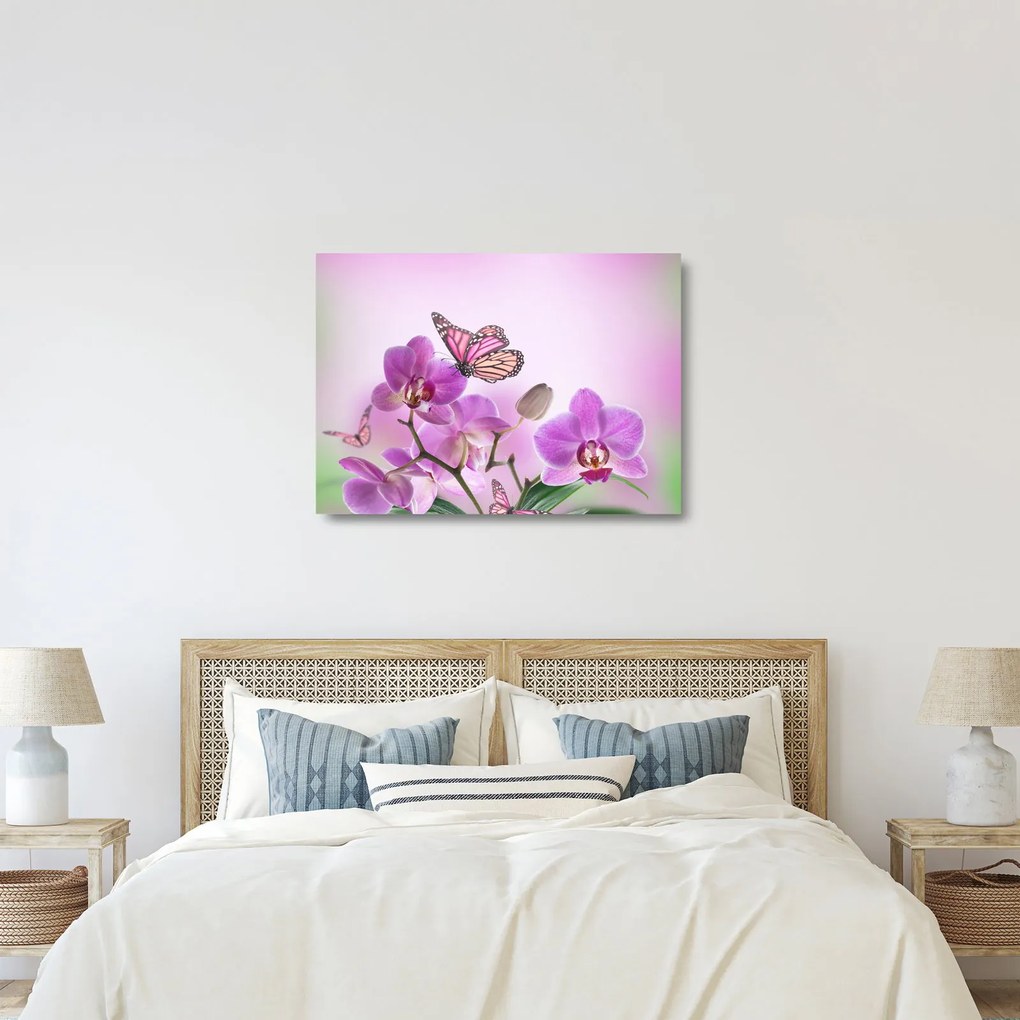 Obraz na szkle - Motyl na kwiatach orchidei, liliowy (70x50 cm)