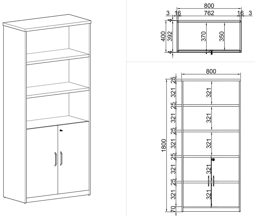 Szafa dwudrzwiowa z półkami MIRELLI A+, 800 x 400 x 1800 mm, orzech