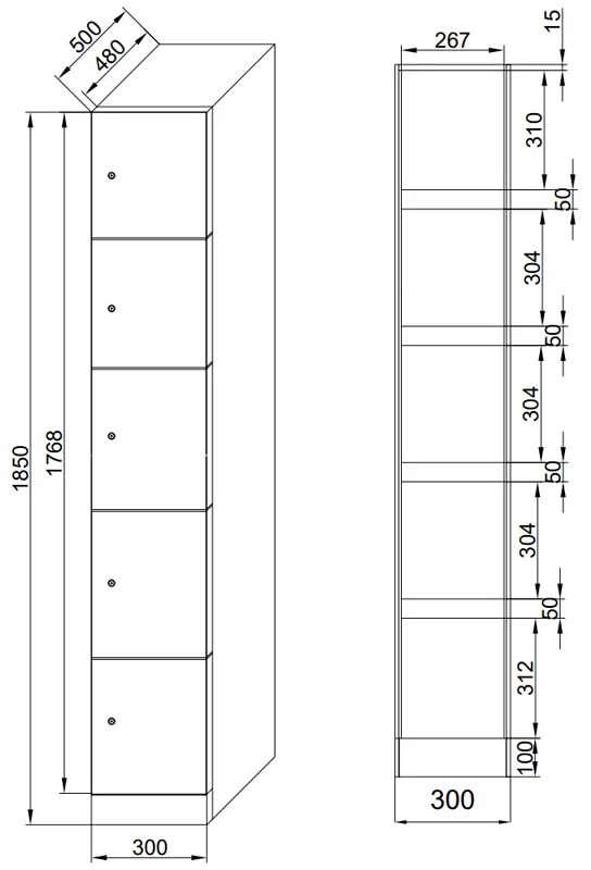 Szafka skrytkowa, 5 schowków, 1850 x 300 x 500 mm, zamek RFID, drzwi laminowane, orzech