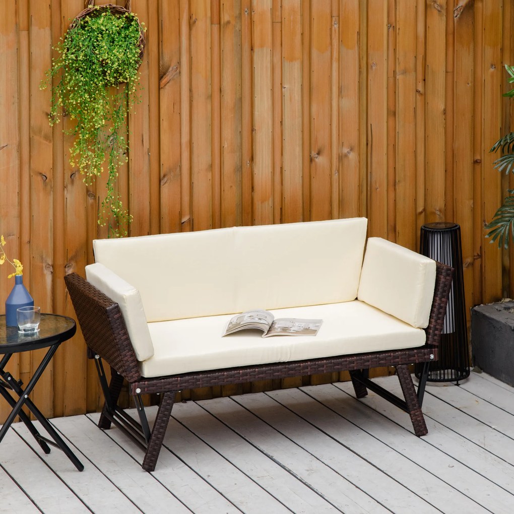Outsunny Sofa ogrodowa 2-osobowa, technorattan, składane podłokietniki, stal, brązowa, 129x63x67cm | Aosom PL