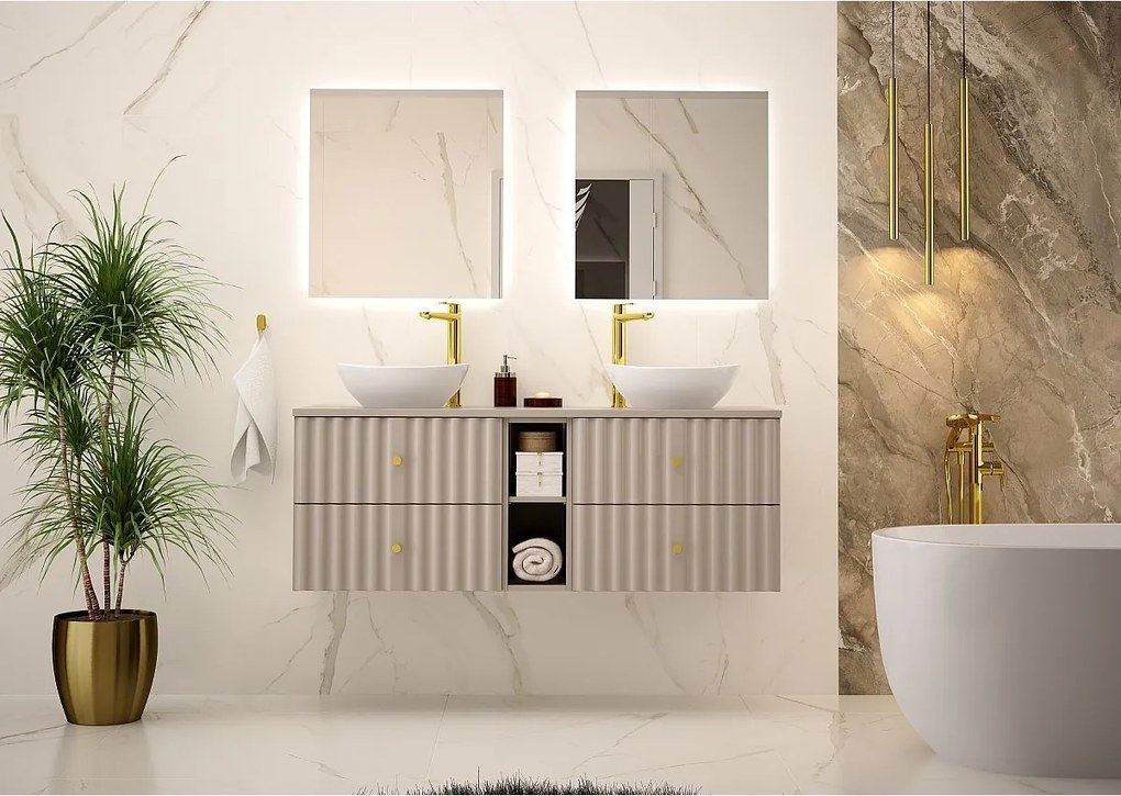 Kaszmirowa Zestaw Łazienkowy 140cm Szafka z Blatem i Regałem Ryflowane Fronty Aqua