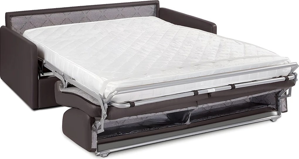 Kanapa 4-osobowa rozkładana typu express z brązowej ekoskóry z siedziskiem z pianki z pamięcią kształtu - Powierzchnia spania 160 cm - Materac 14 cm CALIFE