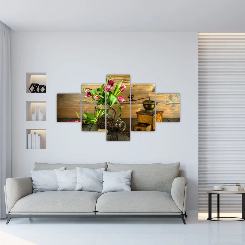Obraz - tulipany, młynek i kawa (125x70 cm)