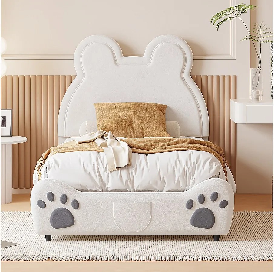 Łóżko 90x200 cm - biały aksamit - łóżko dziecięce z tapicerowanym zagłówkiem i stelażem z listew - bez materaca