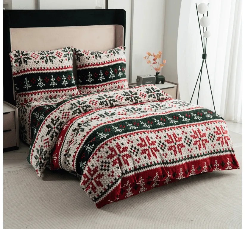 PrzytulneMieszkanie.pl PrzytulneMieszkanie.pl PrzytulneMieszkanie.pl Zestaw pościeli z mikropluszu FROSTED CHRISTMAS kolorowy + prześcieradło z mikropluszu SOFT 90x200 cm białe, jednoosobowe łóżko