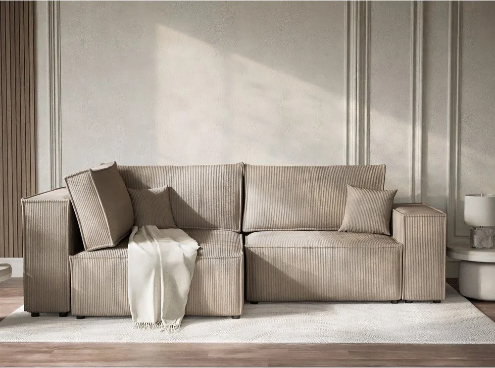 Beżowy sztruksowy rozkładany narożnik ze schowkiem (lewostronny/w kształcie litery L) Tonga – Maison de Rêve