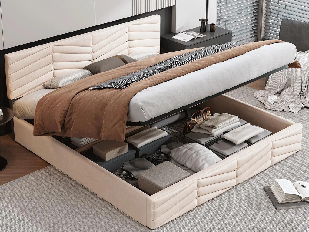 Łóżko ze schowkiem i regulowanym zagłówkiem - 180 x 200 cm - aksamit - stelaż z listew - styl nowoczesny - beż
