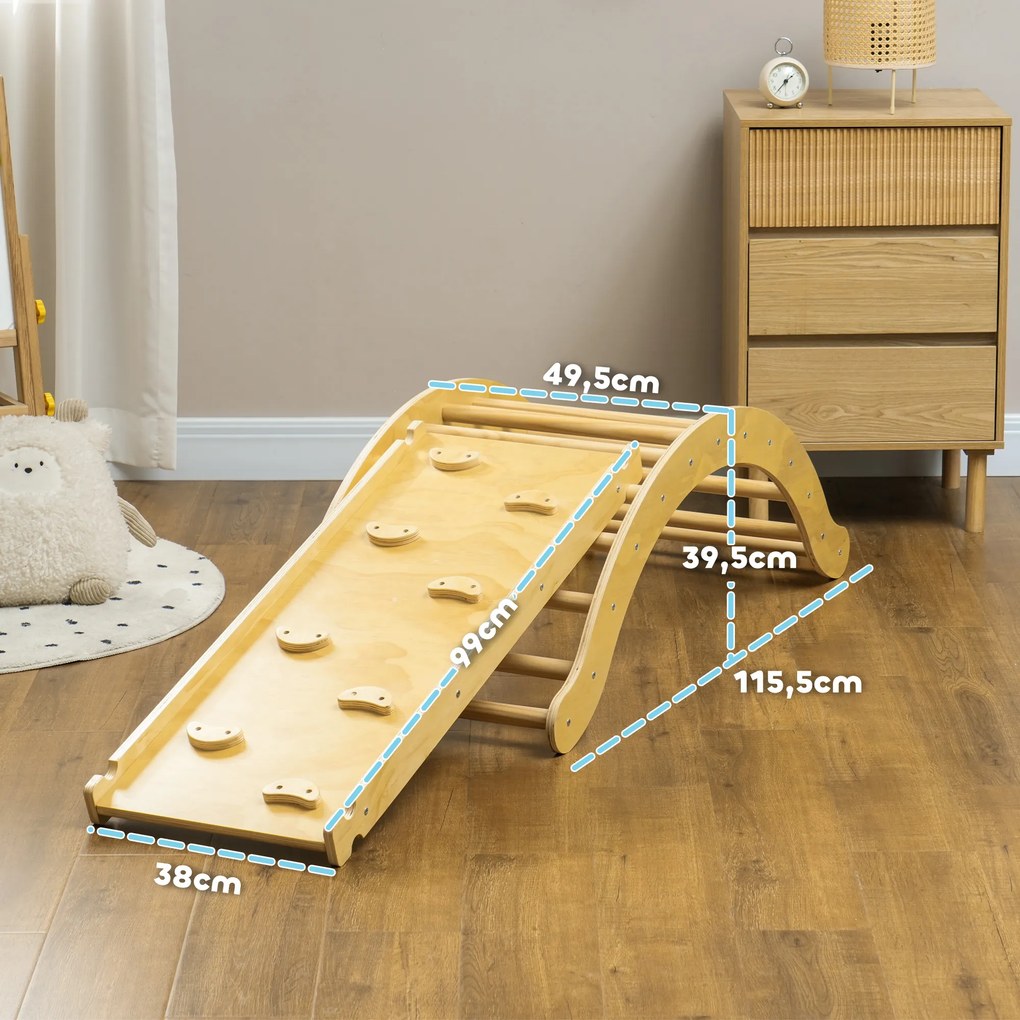 AIYAPLAY Zestaw wspinaczkowy dla dzieci, design 4 w 1 z mostkiem łukowym, huśtawką, poduszką, rampą zjeżdżalnią, do użytku wewnętrznego, Drewno