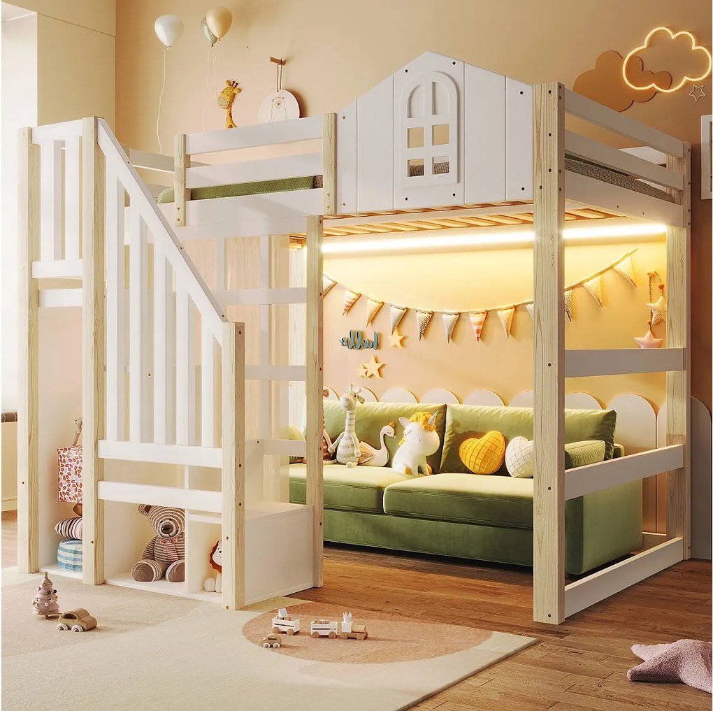 Łóżko piętrowe dla dzieci - 140 x 200 cm - z oświetleniem LED + drabinka ze schowkiem - kształt okna - drewno - białe + naturalne