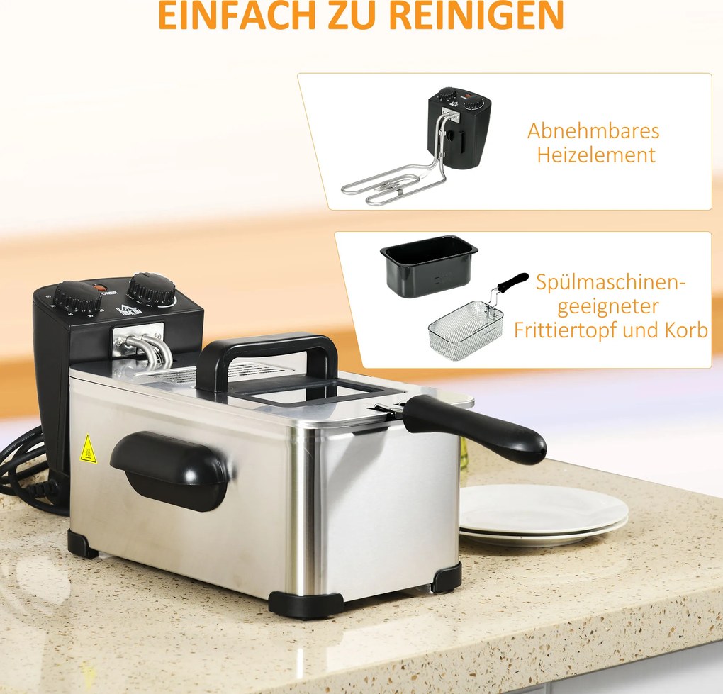HOMCOM Frytkownica, Pojemność 3 Litry, Moc 2000W, Przezroczysta Pokrywa, Uchwyt Chłodny w Dotyku, Czarna