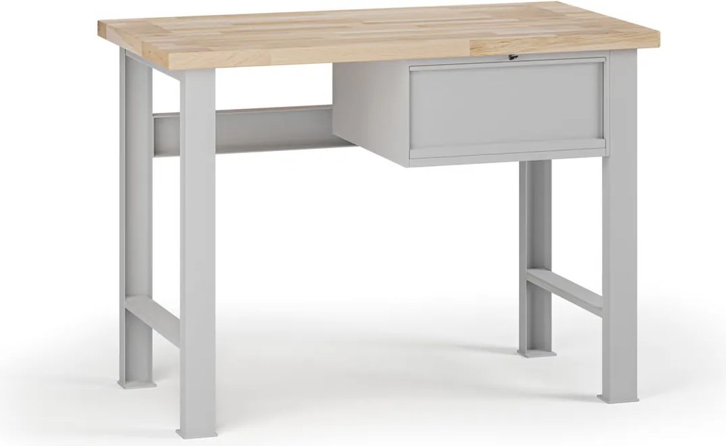 Stół warsztatowy G7, blat bukowy, 1200 x 685 x 840 mm, 1x kontener, 1x szuflada, szary
