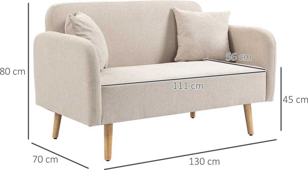 HOMCOM 2-osobowa Sofa, Design Nowoczesny, w zestawie 2 poduszki, nogi drewniane, 130 x 70 x 80 cm, Kremowy