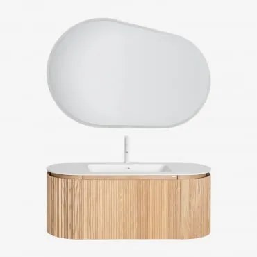 Zestaw Mebli Łazienkowych Z Drewna Zintegrowany Z Umywalką Carsone Naturalna & Bez Jednostki Pomocniczej & Owalna Lampa Led I - Sklum