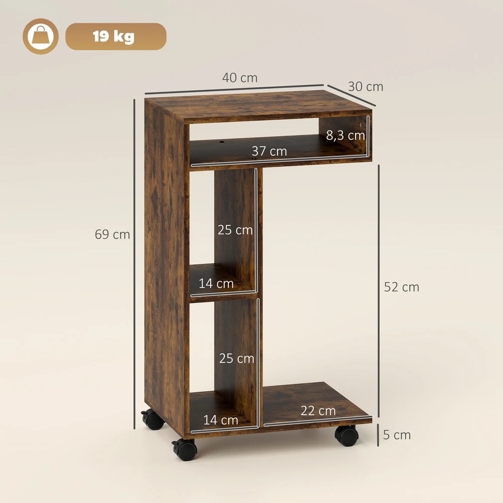 HOMCOM Stolik boczny, wózek serwisowy w kształcie C, 4 kółka, 3 przegródki, 40 x 30 x 69 cm, Rustykalny-brąz