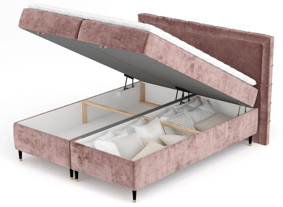 Różowe łóżko boxspring ze schowkiem 160x200 cm Voyage – Maison de Rêve