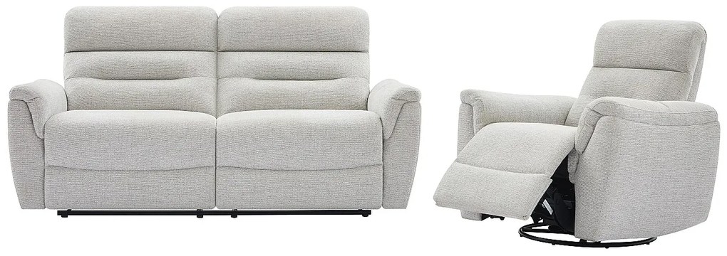 Kanapa 3-osobowa i fotel elektryczny z funkcją relaksu, tapicerowane szarą tkaniną teksturowaną BREVIO