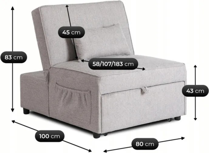 Fotel Wypoczynkowy Rozkładany IBERIS 80 cm Szary Tapicerowany Nowoczesny
