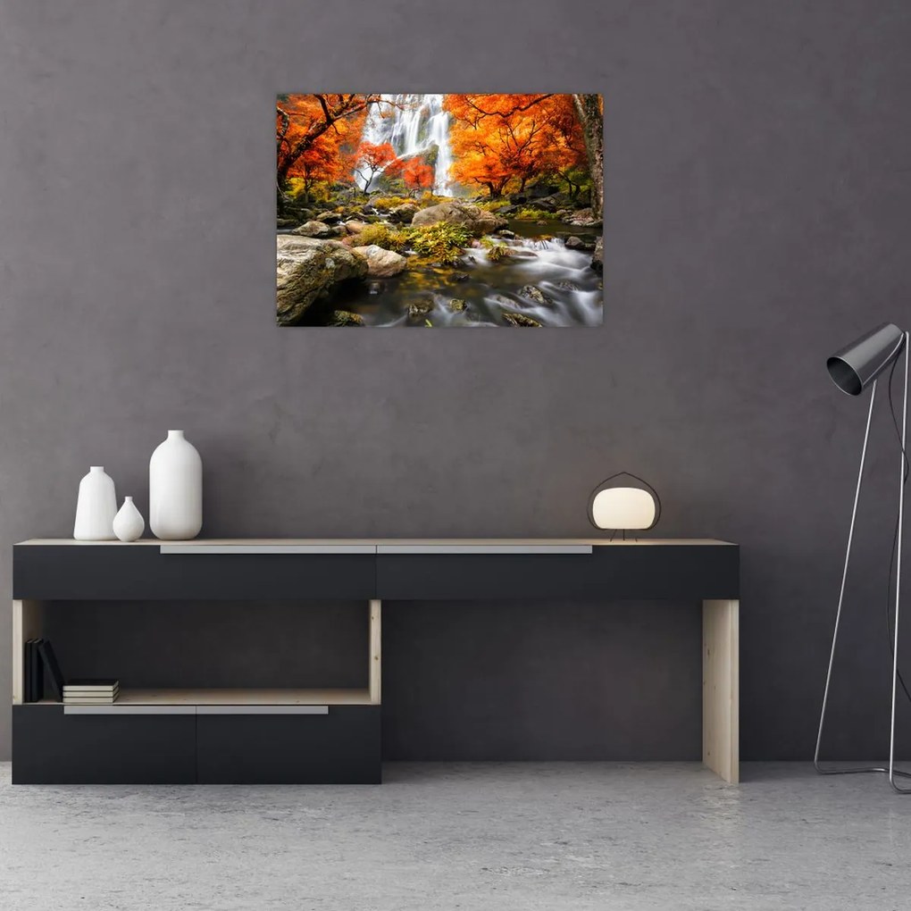Obraz na szkle - Wodospady w jesiennym krajobrazie, pomarańczowy (70x50 cm)