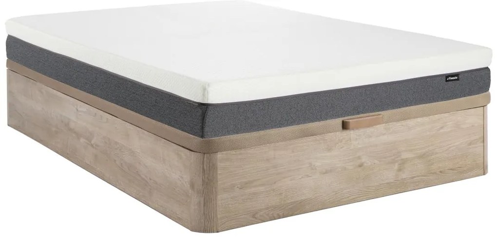 Zestaw 140 x 190 cm stelaż z jasną naturalną skrzynią + materac o grub. 25 cm z 7-strefową pianką o wysokiej gęstości, pamięcią kształtu i zdejmowanym pokrowcem - RIAU marki YSMÉE