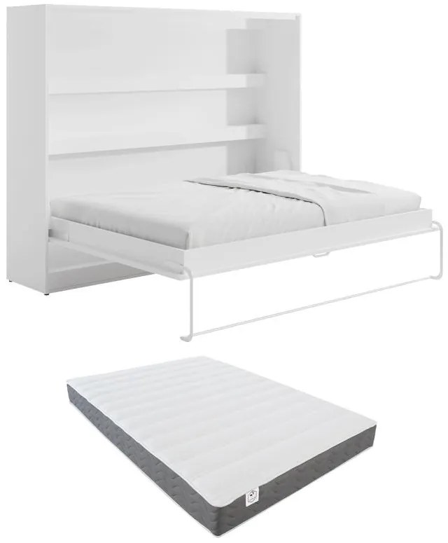 Łóżko chowane w szafie 140 × 200 cm – Otwieranie poziome manualne – Oświetlenie LED – Białe + Materac –  RAPILI