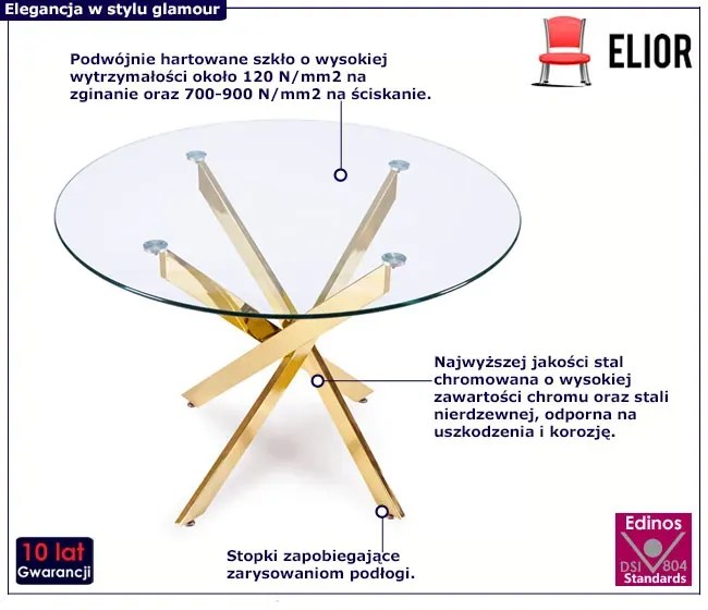 Okrągły szklany stół na złotej podstawie glamour - Amira
