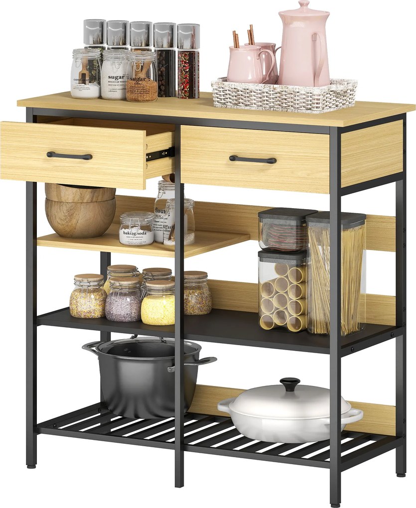 HOMCOM Komoda, komoda z 2 szufladami i 3 otwartymi półkami, szafka kuchenna do kuchni, salonu 90 x 40 x 91 cm, drewno naturalne