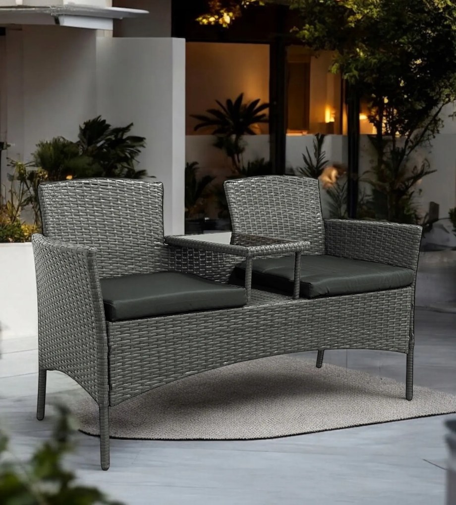 Meble ogrodowe Ratina NM-03, dwuosobowa sofa ze stolikiem, kolor szary, poduszki szare