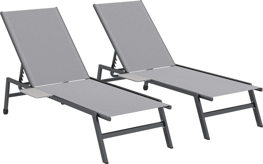 Outsunny Zestaw 2 Leżaków Ogrodowych z 5-stopniowo Regulowanym Oparciem, Bocznym Stolikiem, Kółkami, Antypoślizgowe Nogi Szary | Aosom PL