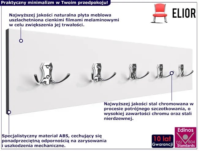 Nowoczesny wieszak ścienny na kurtki biel alpejska + chrom M4-H14