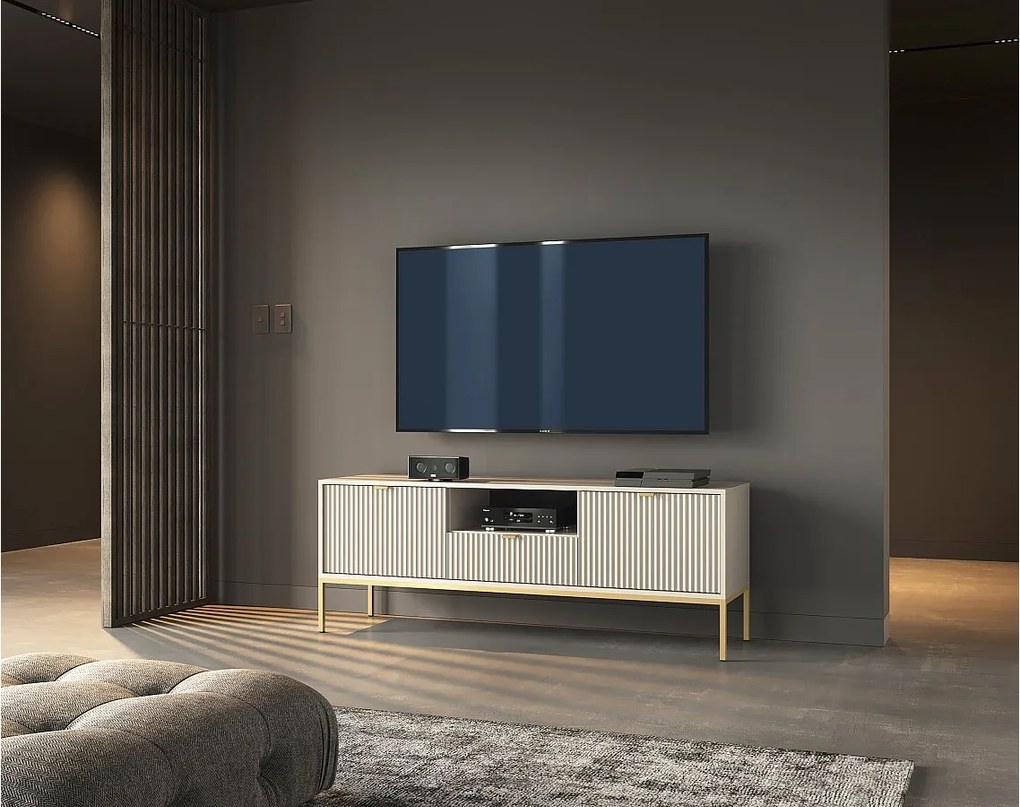 Szafka RTV: 1 szuflada, 2 drzwi, Kaszmir, złoty, 154 x 56 x 39 cm, złote uchwyty