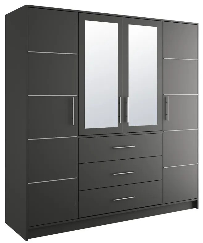 Szafa 4-drzwiowa z 3 szufladami - Z lustrami - szer. 196 cm - Czarny i srebrny - MONLIO