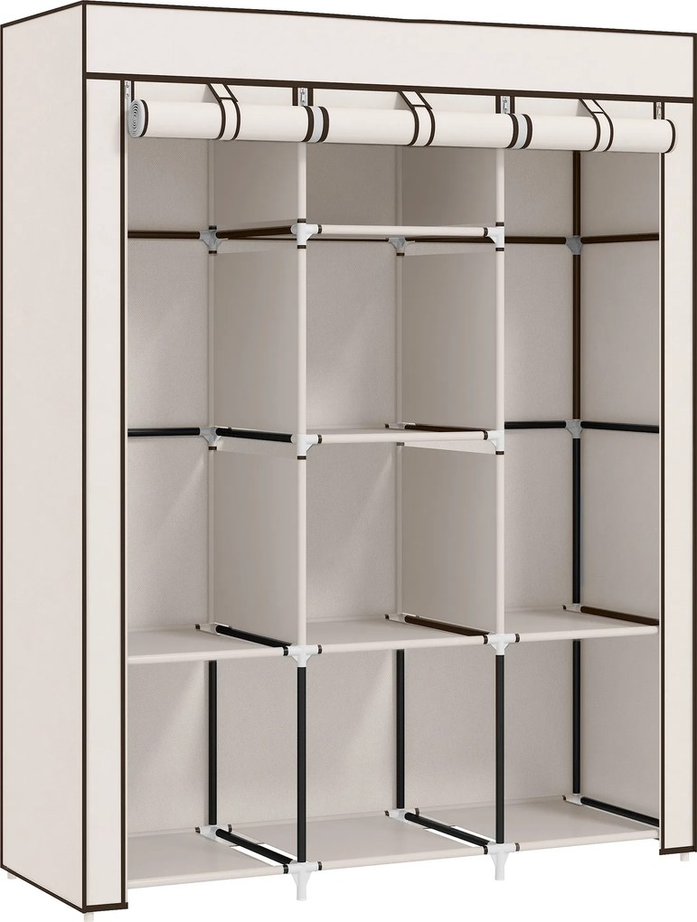HOMCOM Szafa z tkaniny, rozwiązanie do przechowywania, 8 półek, 2 drążki na ubrania, kremowa