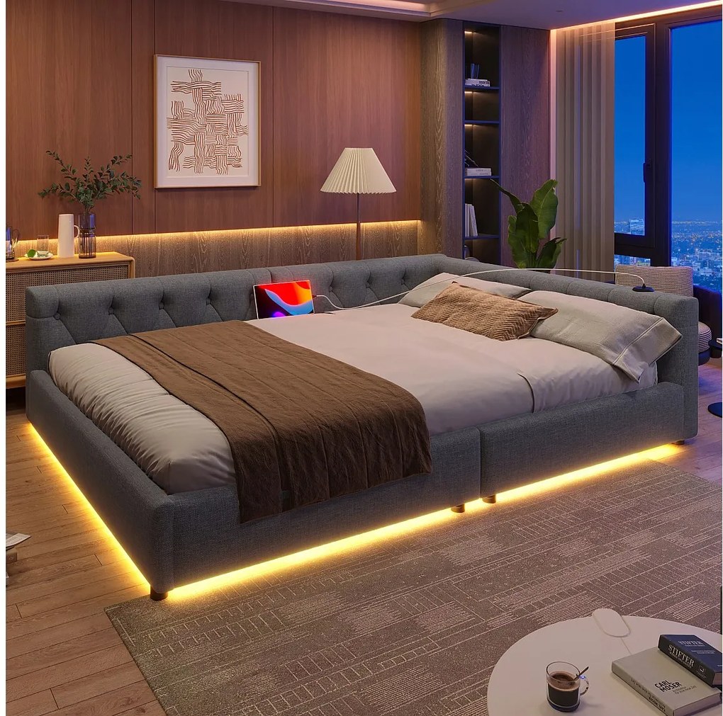 Sofa rozkładana - 140 x 200 cm - ze światłami LED + tapicerowany zagłówek + USB + typ C - len - szary
