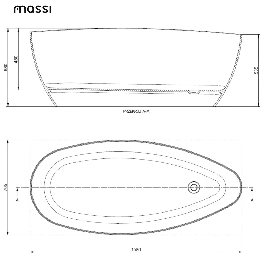 Wanna wolnostojąca MISTE owalna biała z konglomeratu 160 x 70 cm bez przelewu cienki rant | Różne kolory korków : Kolor korka - Złoty