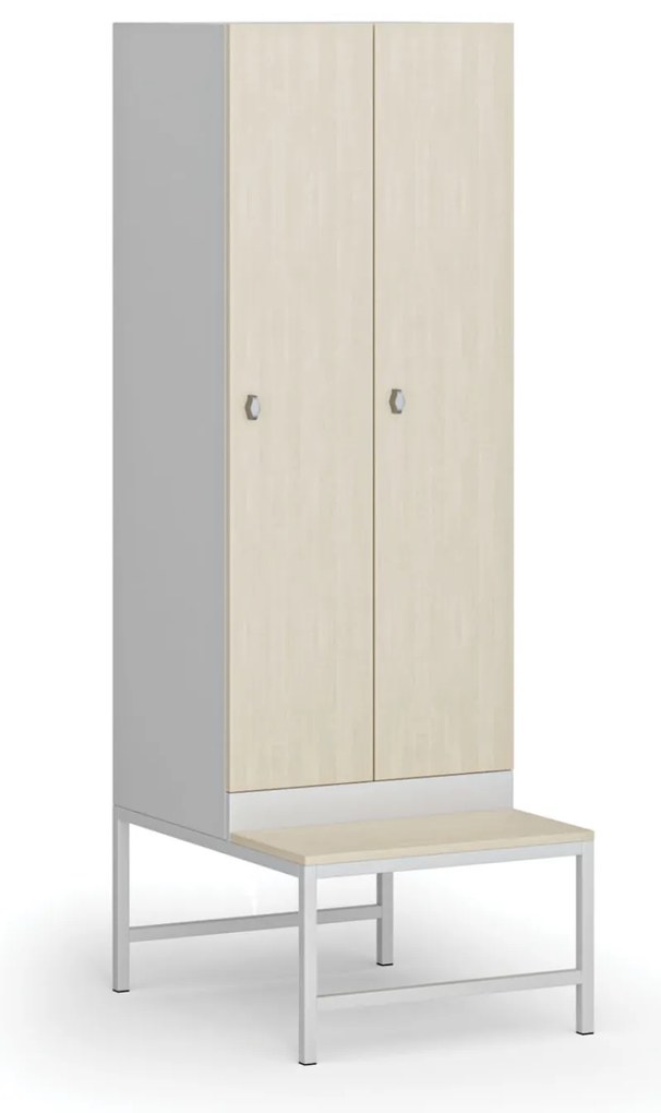 Szafka ubraniowa S1 z ławką, 2-drzwiowa, 1875 x 600 x 500/800 mm, demontaż, zamek obrotowy, drzwi laminowane, brzoza