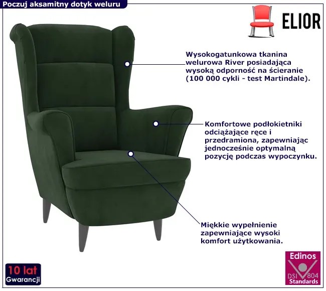 Ciemnozielony tapicerowany welurem fotel W1-R98