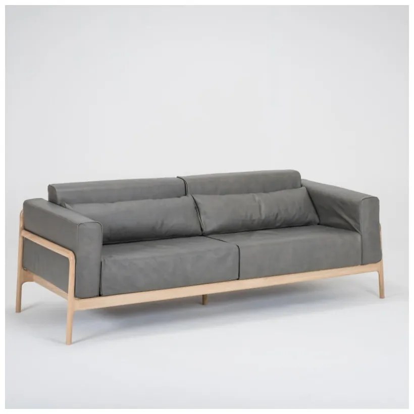 Ciemnoszara sofa z bawolej skóry z konstrukcją z litego drewna dębowego Gazzda Fawn, 210 cm