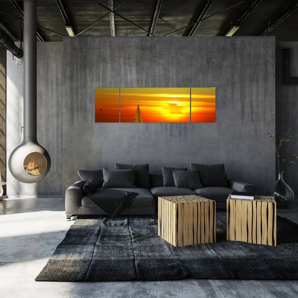 Obraz zachodu słońca z jachtem (170x50 cm)