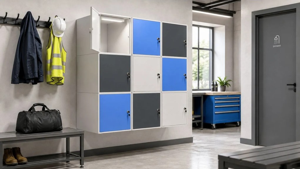 Szafka ubraniowa z schowkami zamykanymi 450 x 450 x 450 mm, zamek cylindryczny, szare drzwi