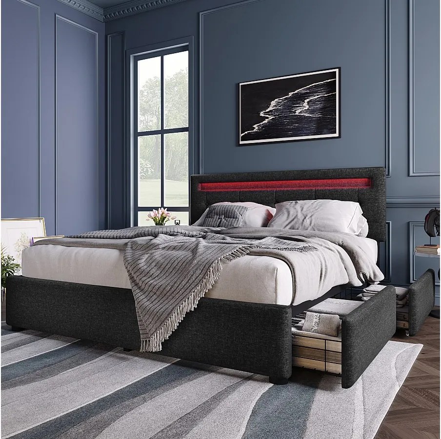 Łóżko tapicerowane podwójne 140 x 200 cm z regulowanym wezgłowiem i 4 szufladami - LED - len czarny