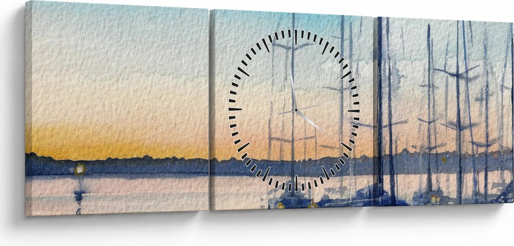 Obraz - Żeglarstwo, akwary (z zegarem) (90x30 cm)