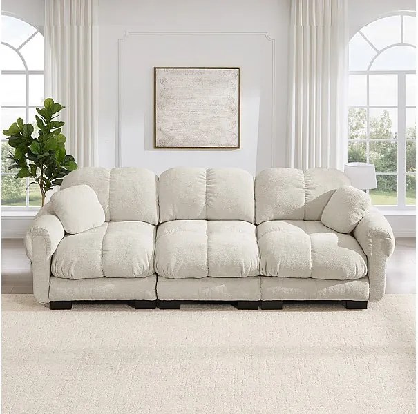 3-osobowa kanapa w Chenille, z tapicerowanym siedziskiem i 2 poduszkami, 260x86x90cm, Beżowy