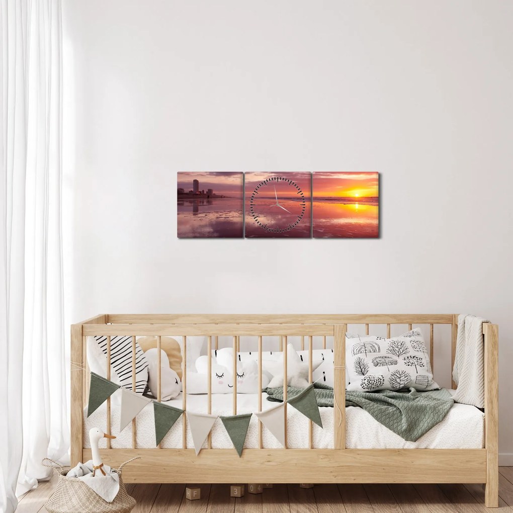 Obraz - Plaża o zachodzie słońca (z zegarem) (90x30 cm)