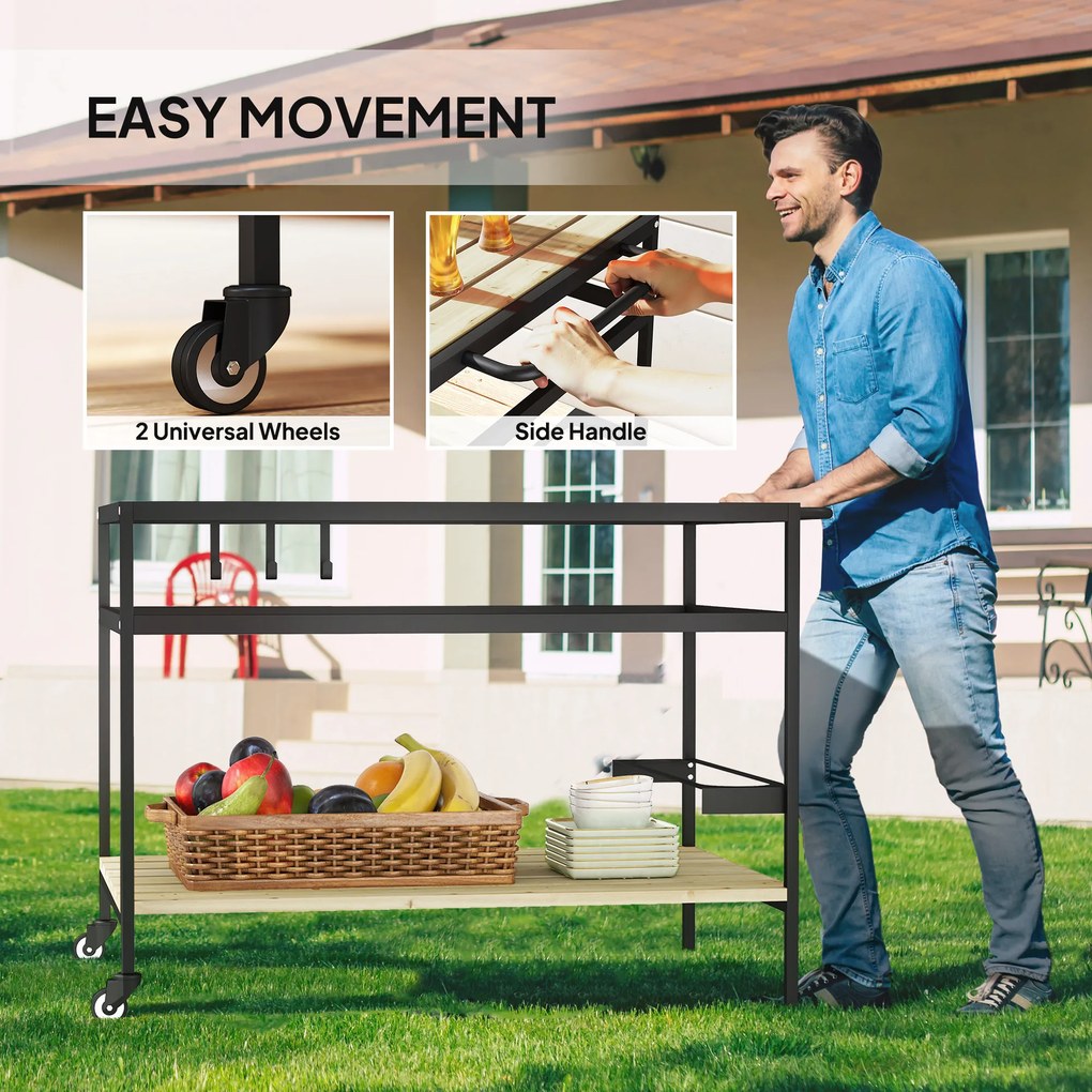 Outsunny Wózek Serwisowy Design Przemysłowy z 3 Hakami i Półką Czarny Naturalny 107x65x80cm | Aosom PL