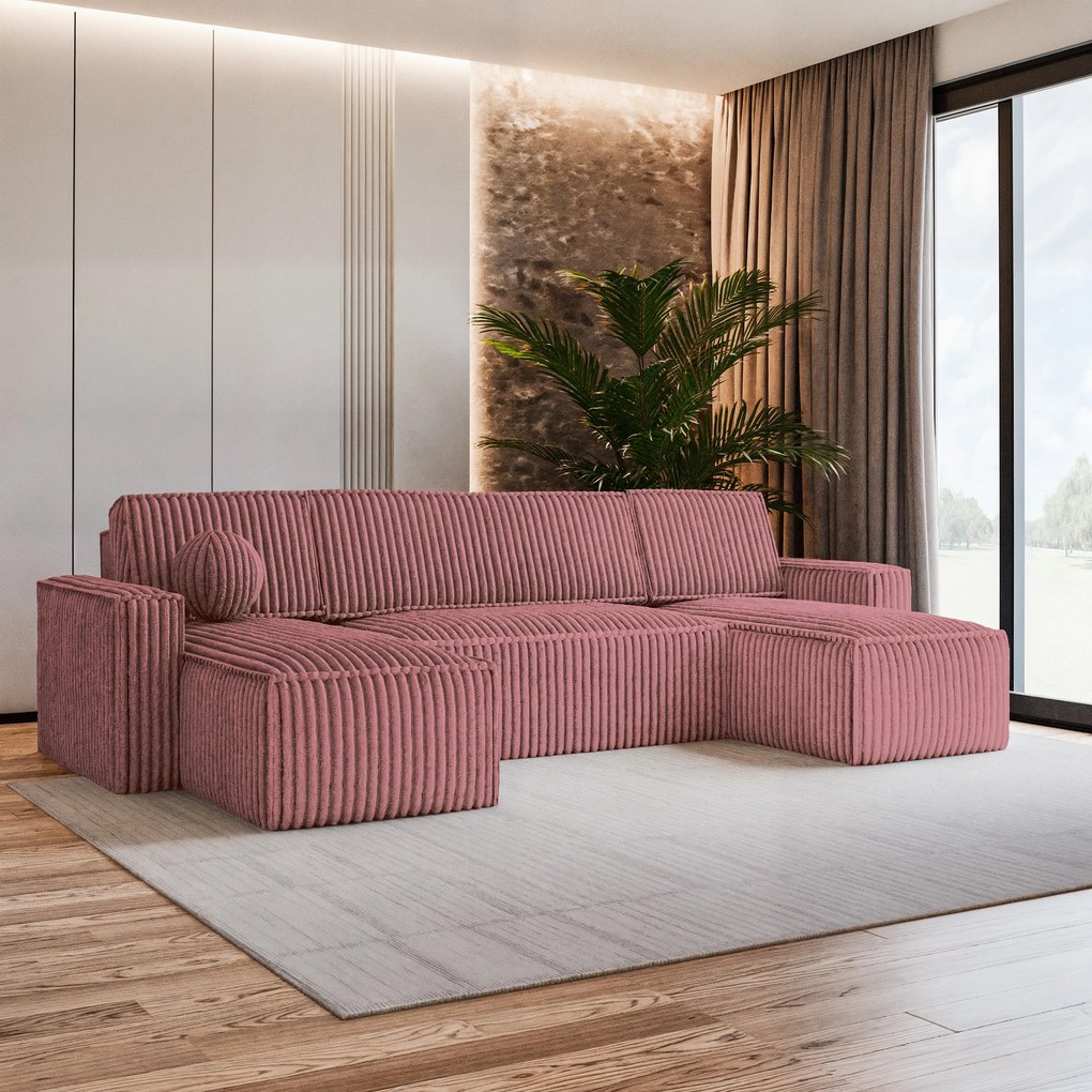 Masseno Narożnik PESANO z funkcją spania i pojemnikiem na pościel Narozniki U, Rozkładana sofa - Pudrowy róż, TILIA 62