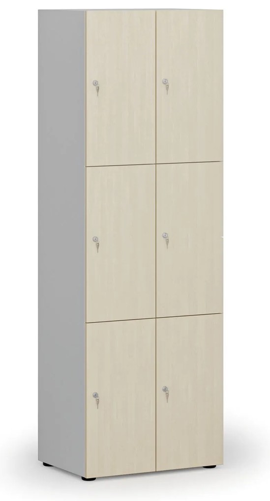 Drewniana szafka skrytkowa S4, 6 schowków, demontaż, zamek cylindryczny, szary/brzoza