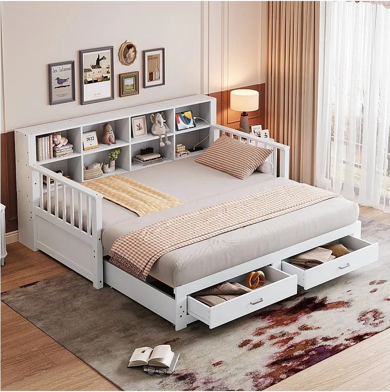 Łóżko kanapowe z drewna litego 90/180x190 cm - z nośnością - z miejscem do przechowywania - z 2 szufladami - stelaż na listwy - biały (materac nie wchodzi w skład)