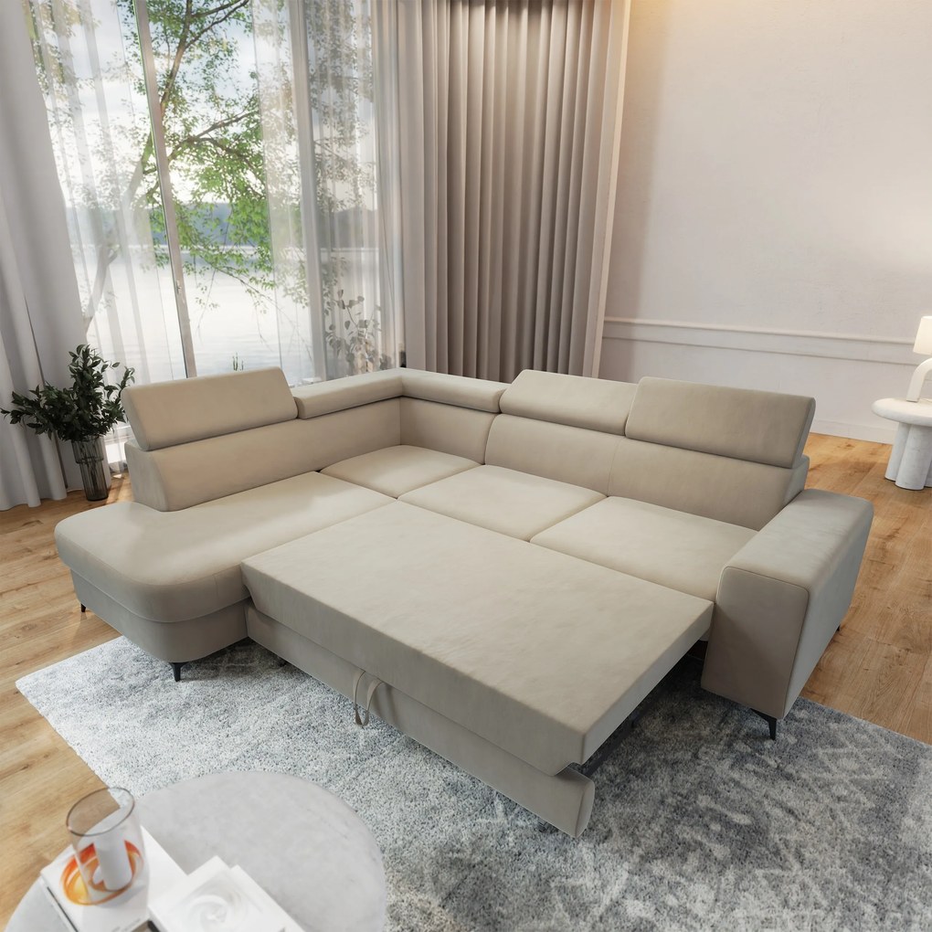Masseno Narożnik ALVORO z funkcją spania i pojemnikiem na pościel Narozniki L, Rozkładana sofa - Beżowy, MATT VELVET 09