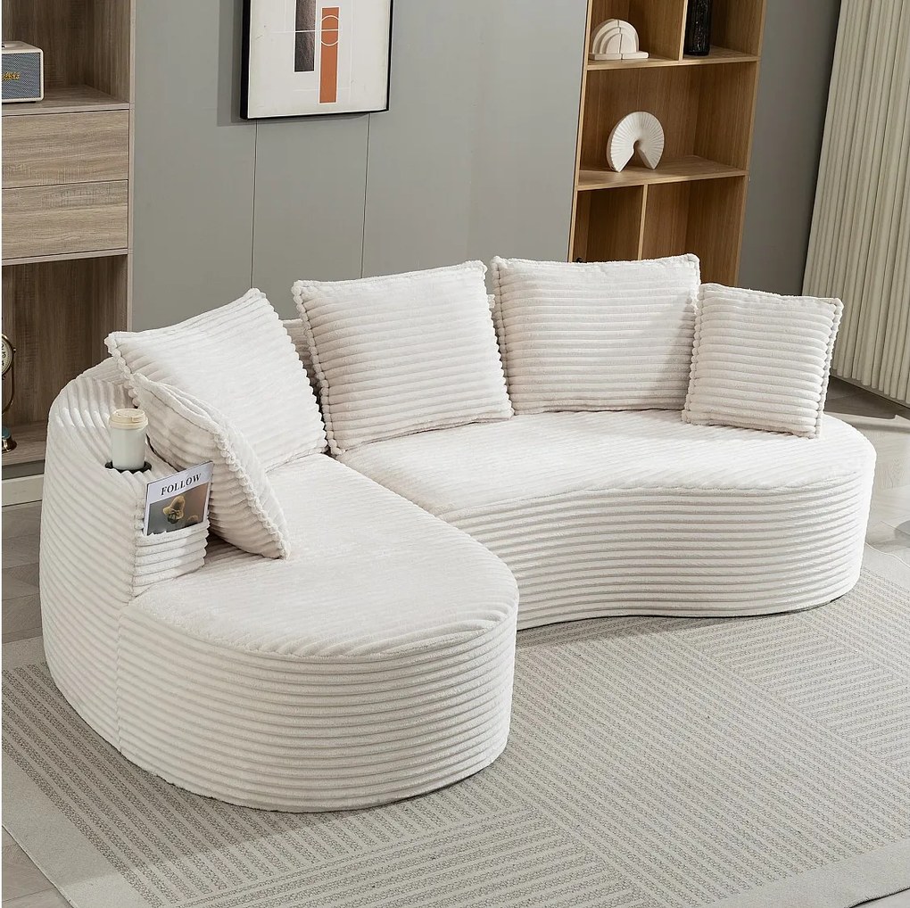 Sofa sztruksowa 3-osobowa - 250 x 152 x 82 cm - z uchwytem na kubek + kieszenią + poduszkami - beżowa