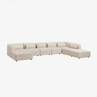 Sofa Modułowy Z Lewym Szezlongiem 6-częściowy Z Pufem Fogler Len Aksamit Beż Lniany - Sklum